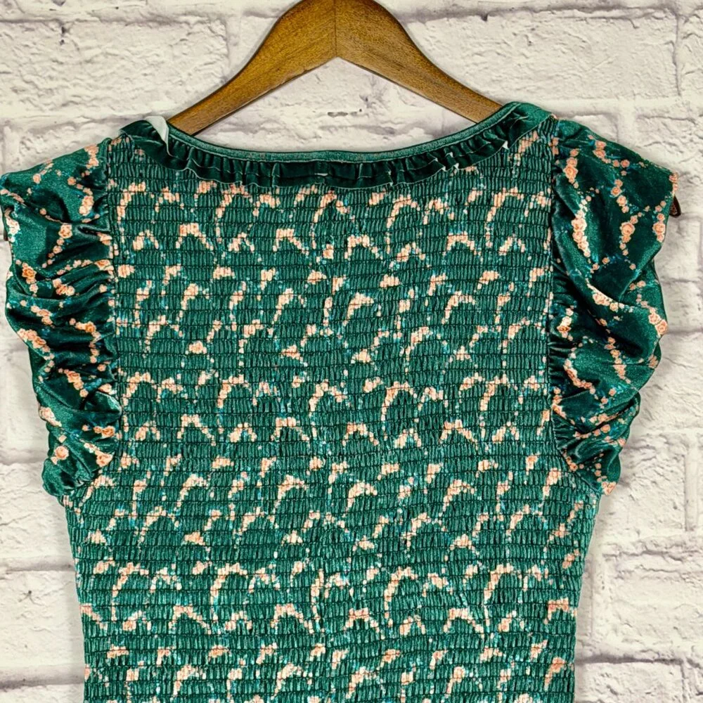 Free People Green Smocked Midi Dress Ruffle Sleeve Floral Bodycon Boho - Picture 5 of 11